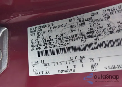 2013 Ford Escape Se z USA, uszkodzony, nr VIN 1FMCU9GX1DUC29919